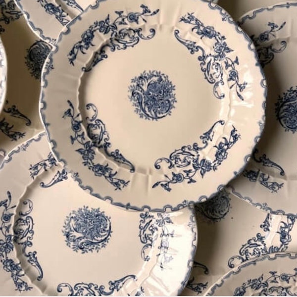 Vintage French Transferware Dinner Plates,  Vintage French Blue Floral Dinner Plates,  signed HC Moscou.