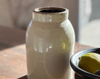 Vintage French Crock: Cream Ceramic Vase, Rustic Home Decor