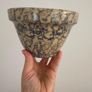 Peut inclure: Un pot de fleurs en céramique vintage avec un glaçage marbré bleu et blanc. Le pot a la forme d'un bol et possède un bord large.
