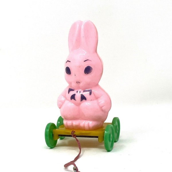 Vintage Rosbro Plastics Pink Chubby Bunny Rabbit on Wheels Pull Toy Rosen Brothers Pink and Purple Bunny