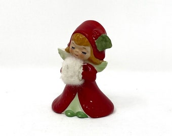 Vintage Lefton Brunette Angel Girl Holding Muff Figurine Christmas Decor