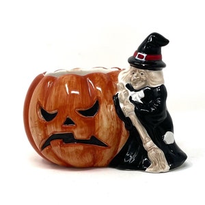 Vintage Holland Floral 1990 Ceramic Angry Jack o Lantern and Witch Planter Halloween Planter