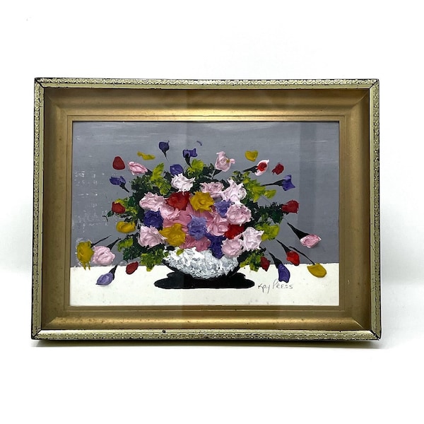 Vintage Original Signed Kay Press Still Life Heavily Textured Impasto Acrylic Painting Flower Basket in Tabletop Gold Edge Shadow Box Frame