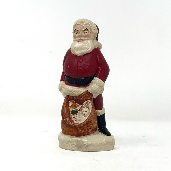 Vintage Handmade Chalkware Plaster Santa Claus with Toy Bag Figurine Christmas Decor Farmhouse Santa Claus