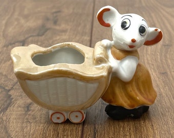 Vintage Japan Ceramic Orange Lusterware Mouse Pushing Cart Figurine Small Planter Toothpick Holder