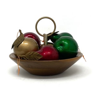 Vintage Set of 6 Original Sticker Marco Gold Green Red Shimmery Fruit with Gold Leaves Ornaments Apples Pears