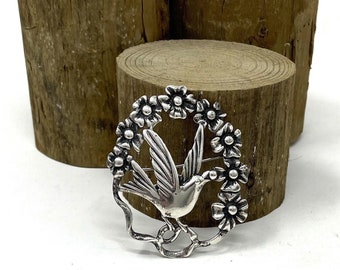 Vintage Sterling Silver Bird in Flower Brooch Coro Craft STYLE Sterling Silver Bird Eating Berry Brooch