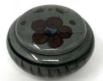 Vintage Made in Mexico Gray Tonala Pottery Lidded Trinket Dish Butterflies Flower Covered Trinket Dish