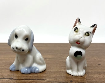 Vintage 1940s Occupied Japan Pair of Miniature Puppy Dog and Kitty Cat Ceramic Figurines Quirky Cat Derpy Dog