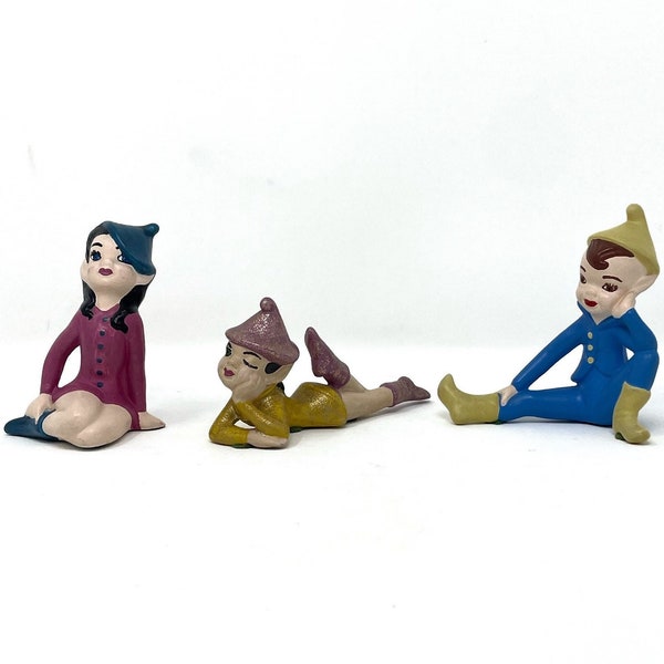 Vintage OOAK Set of 3 Hand Painted Holland Mold Lounging Pixie Elf Figurines Glitter Paint Girl Pixie