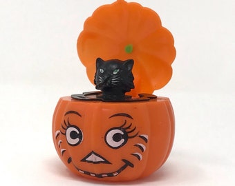 Vintage Plastic Halloween Toy Cat Popping out of Jack-o-Lantern Squeak Toy Halloween Novelty Toy