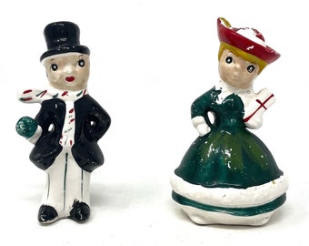 Vintage Japan Christmas Shopper Couple Ceramic Salt and Pepper Shakers Lefton Style Christmas Shopper