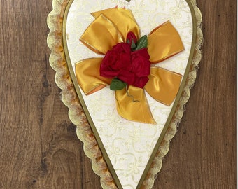 Vintage Unique Gold and Orange Elongated Heart Empty Candy Box Valentine's Day