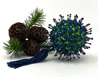 Vintage Sputnik Atomic Push Pin Sequin and Glass Tube Bead Christmas Ornament 1960s Atomic Sputnik Tassel Ornament
