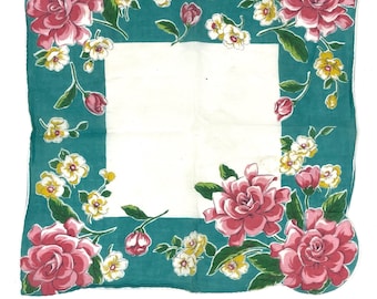 Vintage Turquoise, Pink Rose and Yellow Flower Cotton Handkerchief