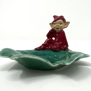 Vintage Gilner STYLE Ceramic Red Pixie Elf on Green Leaf Trinket Candy Dish Christmas Pixie Decor image 1