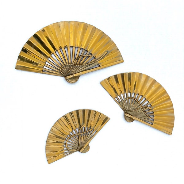 Vintage Made in Korea Set of 3 Graduated Size Solid Brass Fan with Embossed Tassel Wall Hanging