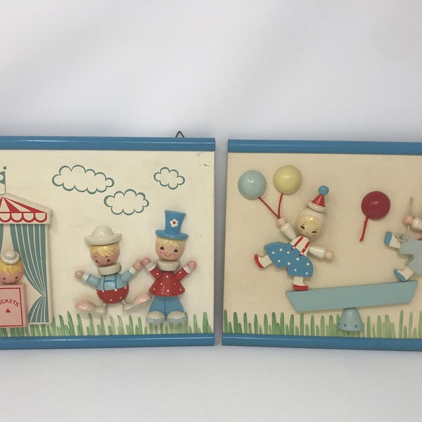 Vintage Set of 2 IRMI Originals Nursery Plastics Fun Park Themed Wooden Wall Hangings