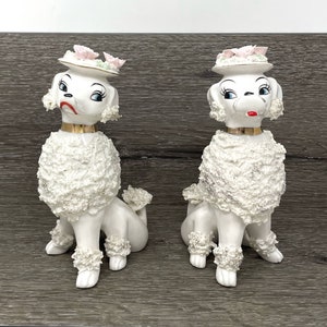 Vintage Pair of Tall Ceramic Long Eyelash Sassy Spaghetti Poodle Figurines PLEASE READ