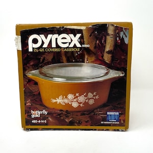 Vintage Sealed New in Box Pyrex Butterfly Gold, Version 2, Casserole Dish, #475 2 1/2 Quart Unopened Box