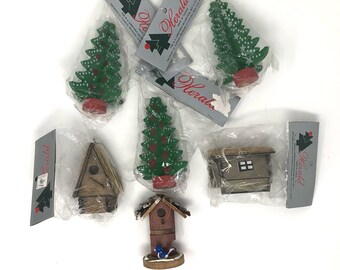 Vintage Lot of 6 Wooden Ornaments 3 NOS Christmas Trees 2 NOS Birdhouses Plus 1 Additional Birdhouse Christmas Ornament Decor