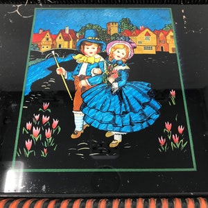 Art Deco 1920s Reverse Painted Glass and Wood Serving Tray with Courting Couple