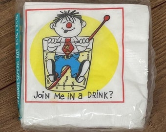 Vintage Unused 1970s Paper Bar Napkins "Join me in a Drink" Tipsy Man Guy Kitschy Barware Ephemera Pack of 30