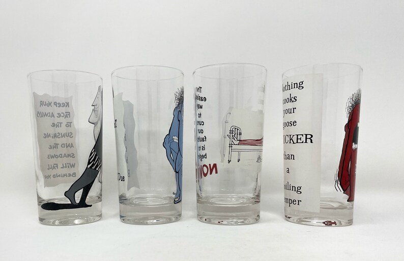 Vintage Set of 4 Humorous Cartoon Novelty Drinking Glasses MCM Etsy