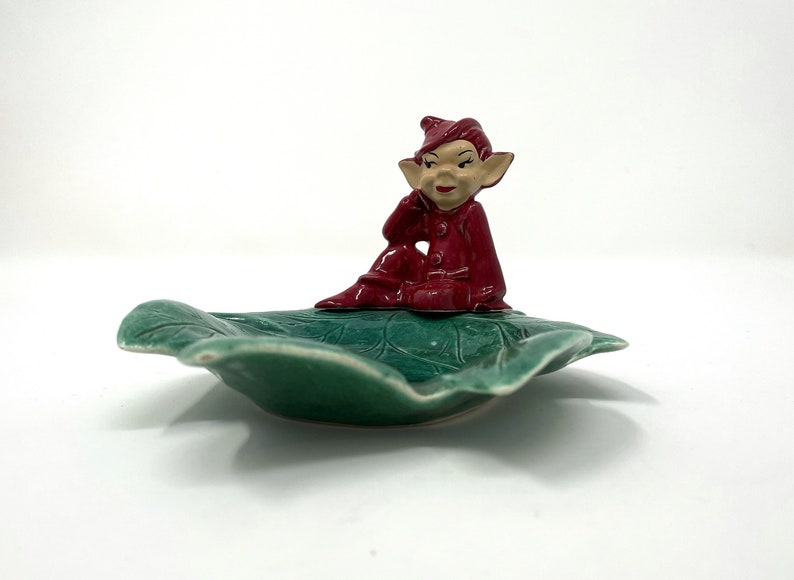 Vintage Gilner STYLE Ceramic Red Pixie Elf on Green Leaf Trinket Candy Dish Christmas Pixie Decor image 1