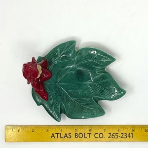 Vintage Gilner STYLE Ceramic Red Pixie Elf on Green Leaf Trinket Candy Dish Christmas Pixie Decor image 9