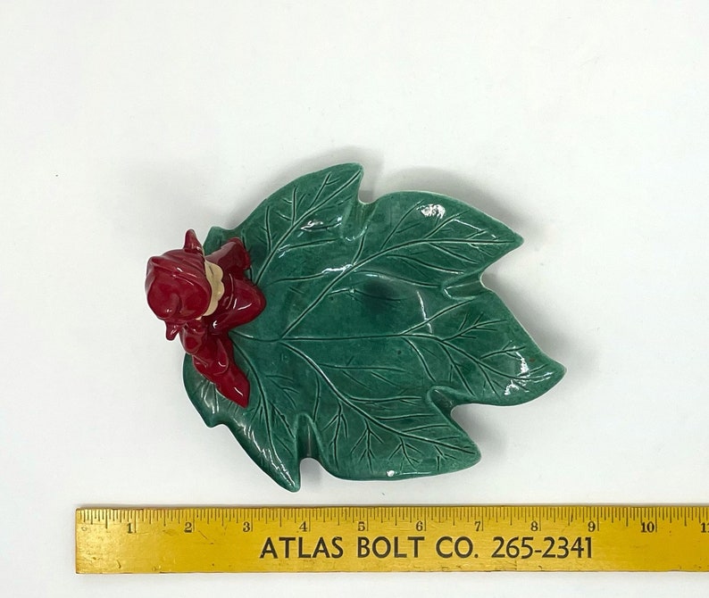 Vintage Gilner STYLE Ceramic Red Pixie Elf on Green Leaf Trinket Candy Dish Christmas Pixie Decor image 9