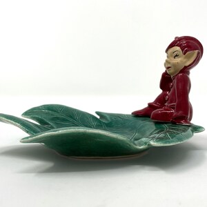 Vintage Gilner STYLE Ceramic Red Pixie Elf on Green Leaf Trinket Candy Dish Christmas Pixie Decor image 4