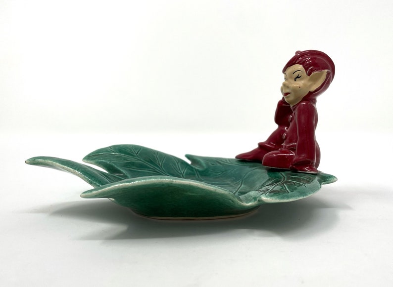 Vintage Gilner STYLE Ceramic Red Pixie Elf on Green Leaf Trinket Candy Dish Christmas Pixie Decor image 4