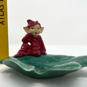 Vintage Gilner STYLE Ceramic Red Pixie Elf on Green Leaf Trinket Candy Dish Christmas Pixie Decor image 8