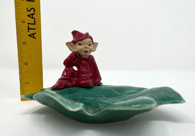 Vintage Gilner STYLE Ceramic Red Pixie Elf on Green Leaf Trinket Candy Dish Christmas Pixie Decor image 8