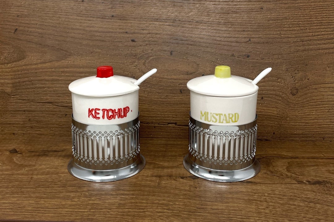 Vintage Kitchen King Made in Japan Ketchup and Mustard Condiment Containers Metal Holders