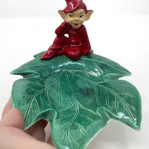 Vintage Gilner STYLE Ceramic Red Pixie Elf on Green Leaf Trinket Candy Dish Christmas Pixie Decor image 2