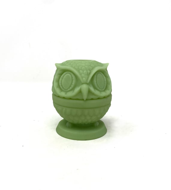 Vintage Original Sticker Fenton Glass Satin Lime Green Owl Fairy Lamp Uranium Glass Glow
