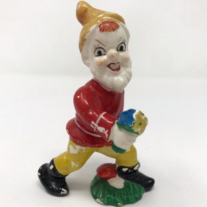 Vintage Japan Porcelain Leprechaun Pixie Elf Gnome Carrying Flowers Figurine Spring Easter Pixie Decor