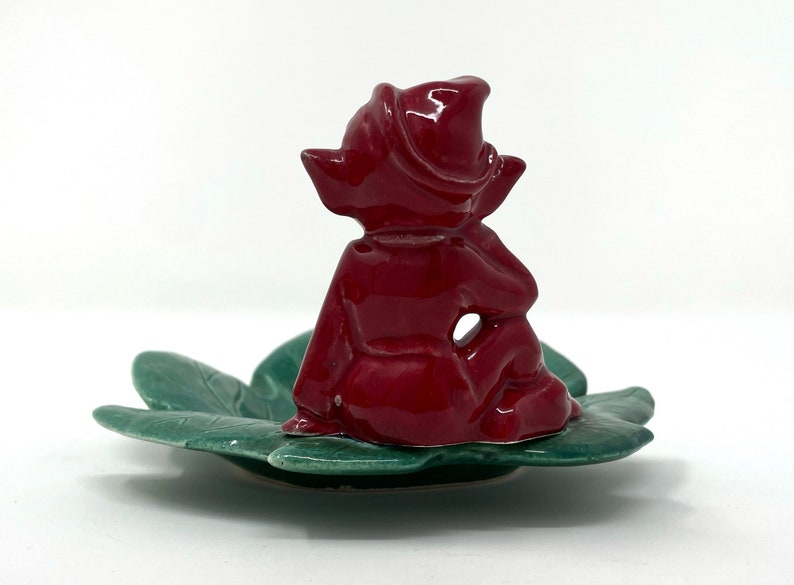 Vintage Gilner STYLE Ceramic Red Pixie Elf on Green Leaf Trinket Candy Dish Christmas Pixie Decor image 5