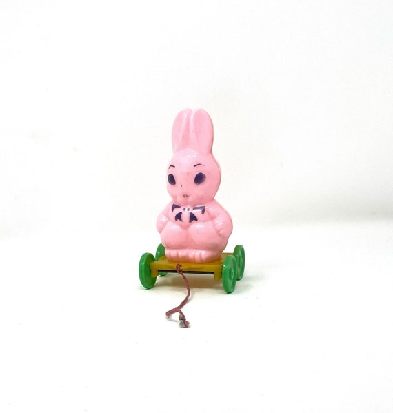 Vintage Rosbro Plastics Pink Chubby Bunny Rabbit on Wheels Pull