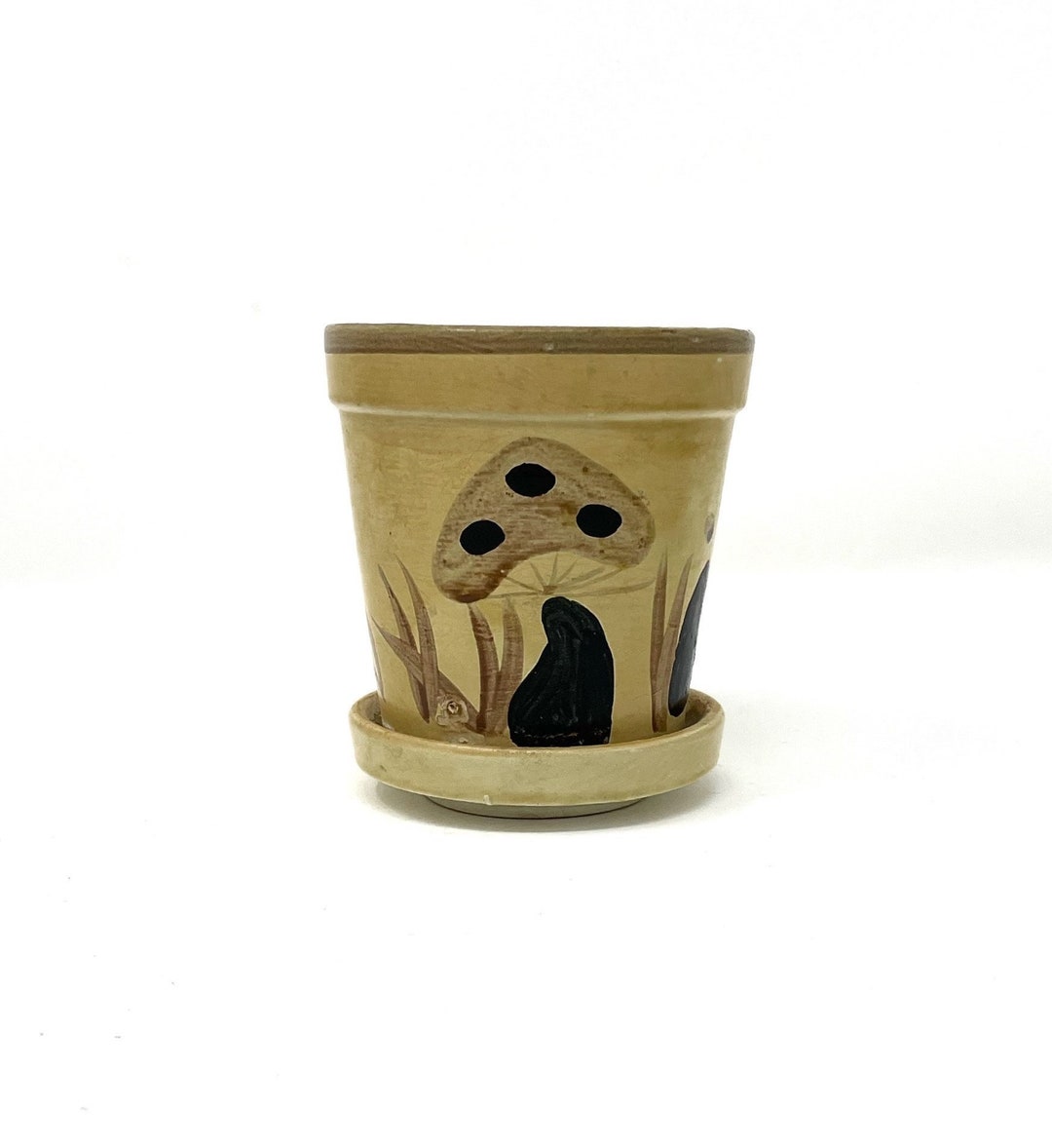 Vintage Folk Art Hand Painted Mushroom Pottery Planter Pot Mushroom