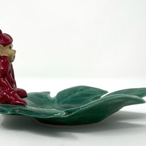 Vintage Gilner STYLE Ceramic Red Pixie Elf on Green Leaf Trinket Candy Dish Christmas Pixie Decor image 6