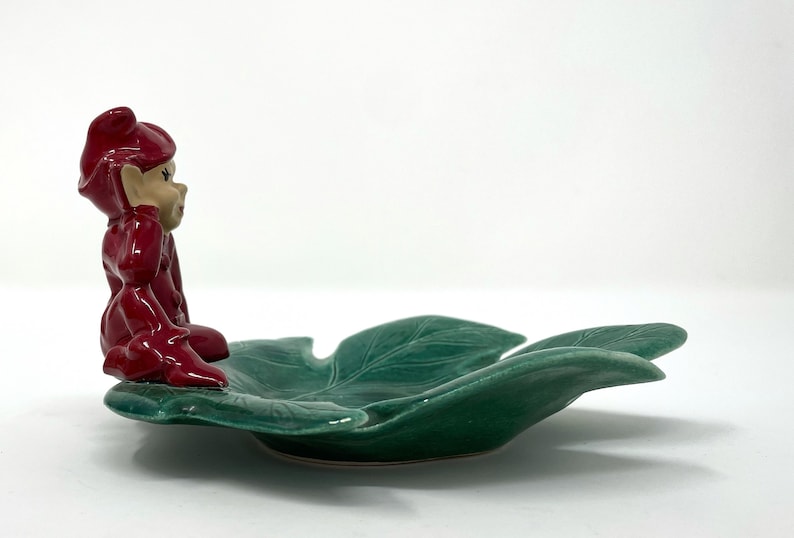 Vintage Gilner STYLE Ceramic Red Pixie Elf on Green Leaf Trinket Candy Dish Christmas Pixie Decor image 6