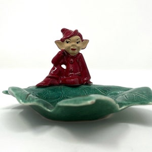 Vintage Gilner STYLE Ceramic Red Pixie Elf on Green Leaf Trinket Candy Dish Christmas Pixie Decor image 3