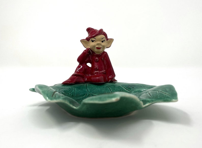 Vintage Gilner STYLE Ceramic Red Pixie Elf on Green Leaf Trinket Candy Dish Christmas Pixie Decor image 3