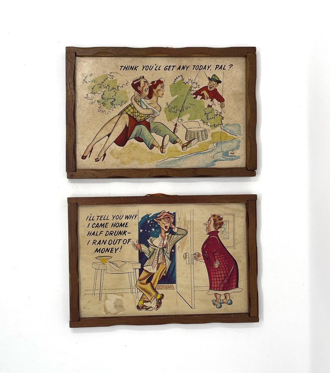 Vintage Set of 2 Framed Naughty Prints Risque Mancave Decor Kitschy