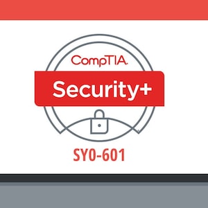 May include: A white circle with a gray outline and a padlock icon inside. The text "CompTIA Security+ SY0-601" is written in gray text below the circle.
