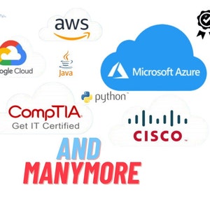 以下が含まれることがあります： AWS、Google Cloud、Microsoft Azure、Cisco などのさまざまなクラウドコンピューティングプラットフォームを示すグラフィック。このグラフィックには、Java、Python、CompTIA のロゴも含まれています。ロゴの下に「AND MANYMORE」というテキストが表示されています。