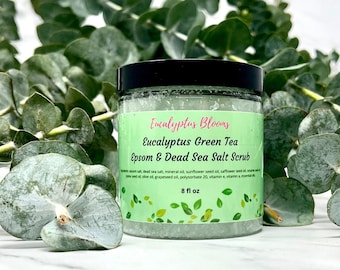 Eucalyptus Shower Salt Scrub with Green Tea, Bath Scrub, Bath Salts, Skincare, Acne Relief, Eczema, Psoriasis, Dry Skin Rub, Smooth Skin